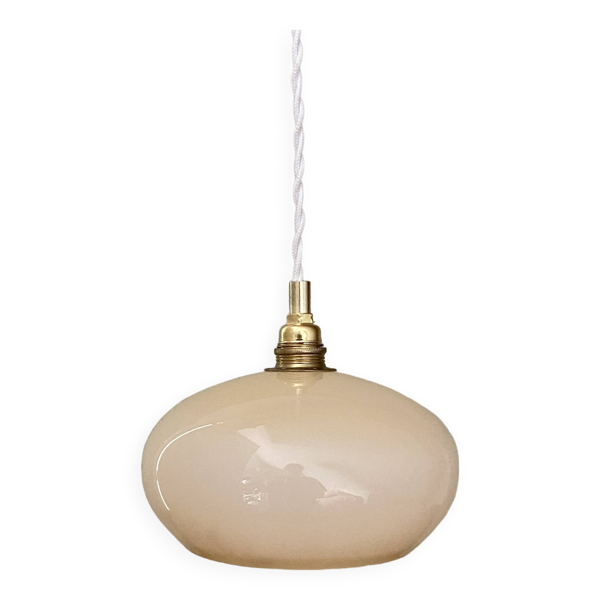 Suspension abat-jour vintage en opaline jaune pâle