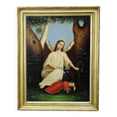 Oil painting on canvas, angel with sleeping child.