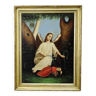 Oil painting on canvas, angel with sleeping child.