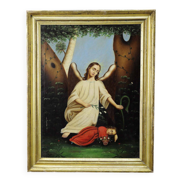 Oil painting on canvas, angel with sleeping child.