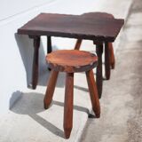 Set of coffee table and 2 carved wooden stools, brutalist