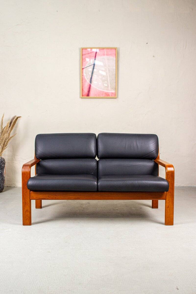 Vintage Two-Seater Teak and Leather Sofa by Olsen & Laursen, 1980s