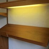Modular 3-compartment teak wall shelving system with desk and lighting by Kai Kristiansen for FM, Denmark, 1960s