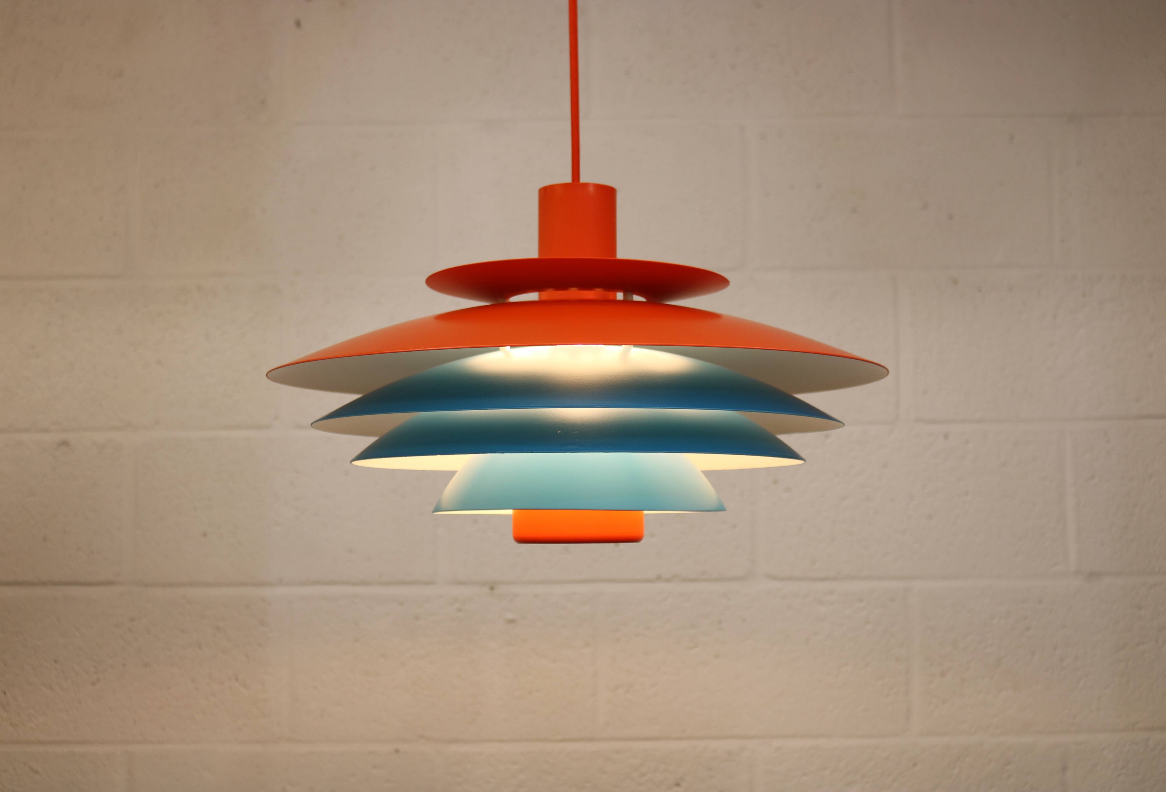 Unique blue and orange pendant lamp by Form Light model 52610, Denmark 70s.