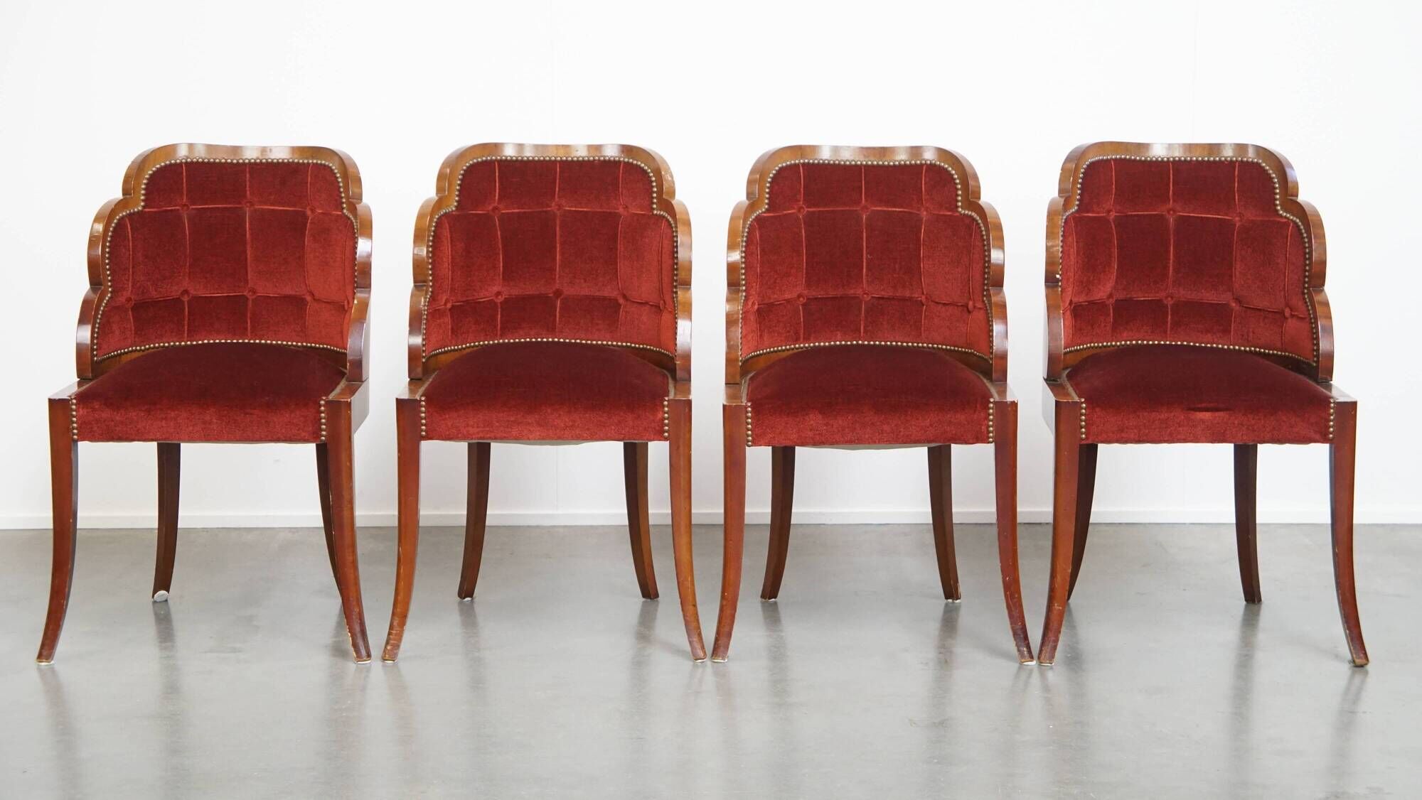 Set of 4 Art Deco Dining Chairs with Red Upholstery and Wooden Backs