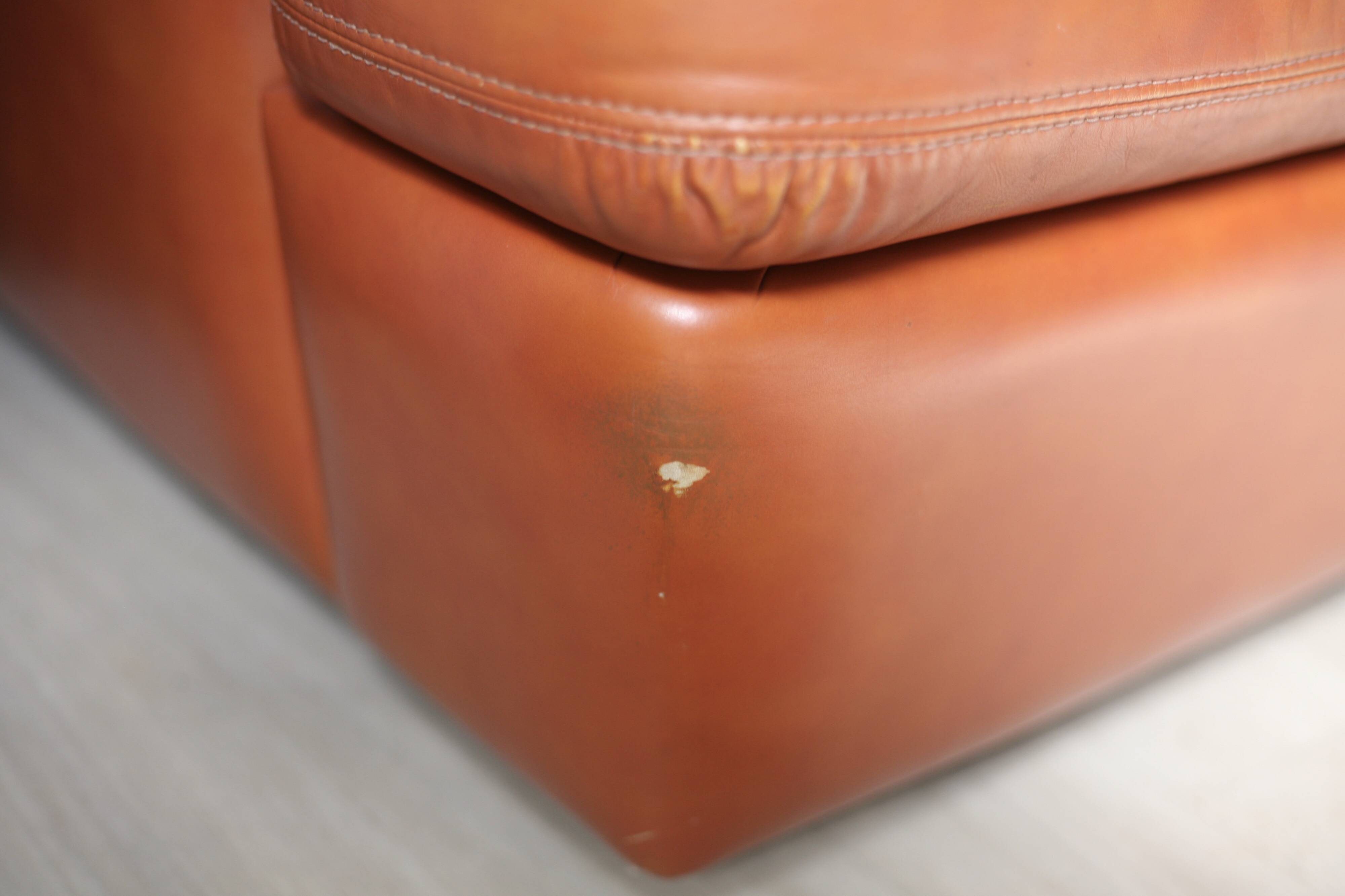 Space age sofa. Tan leather. Circa 1970