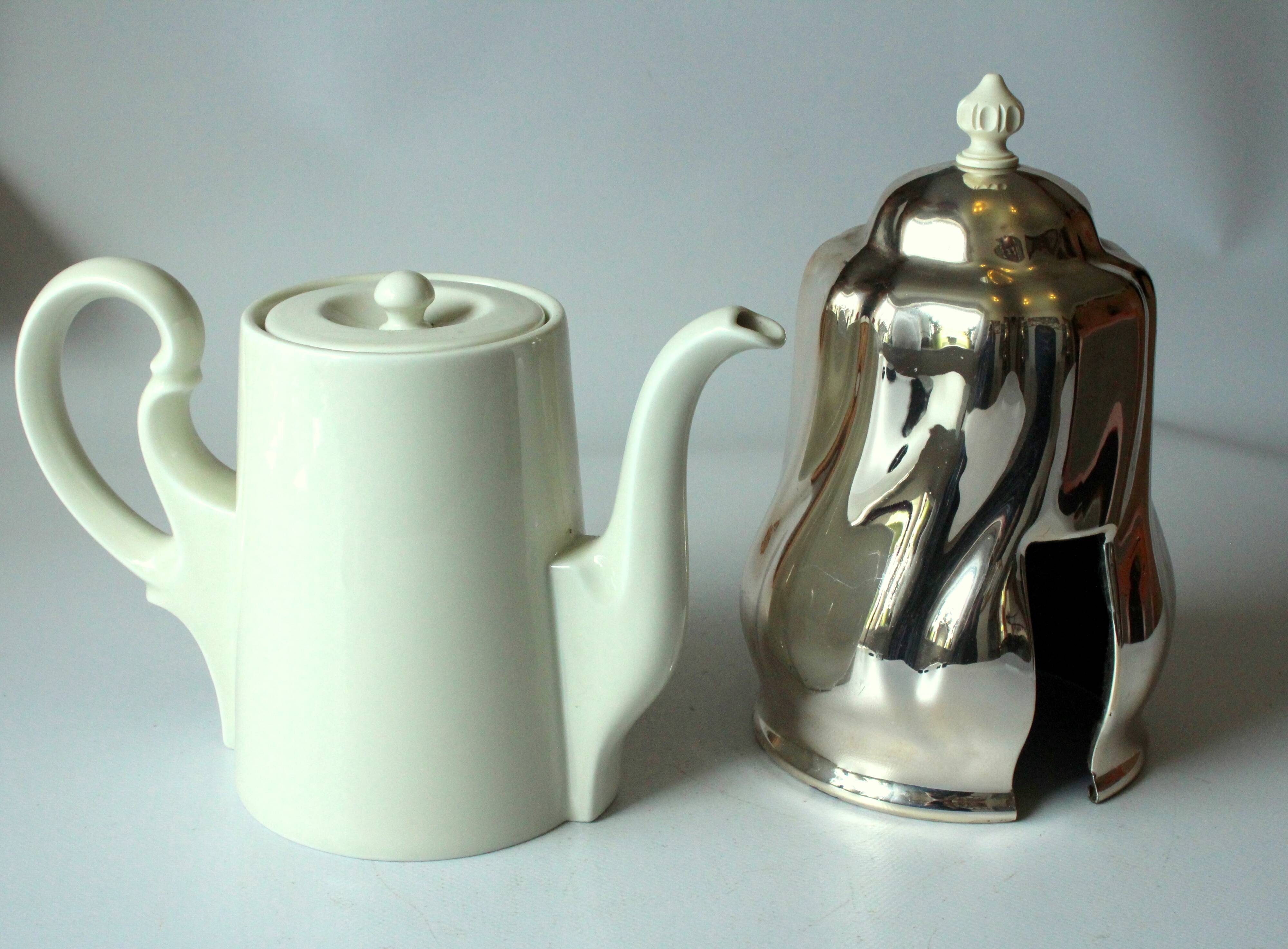Cafetière en porcelaine HKE avec capot chauffant en métal argenté - Vintage