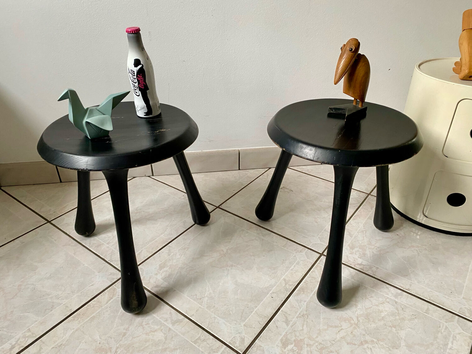 Pair of Ingvar Kamprad design tripod low stools, Habitat edition