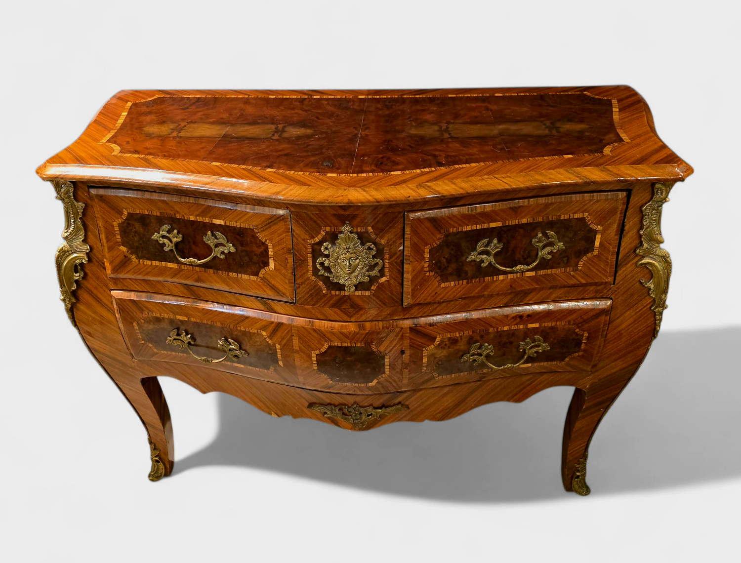 Louis XV style commode in marquetry and gilded bronze