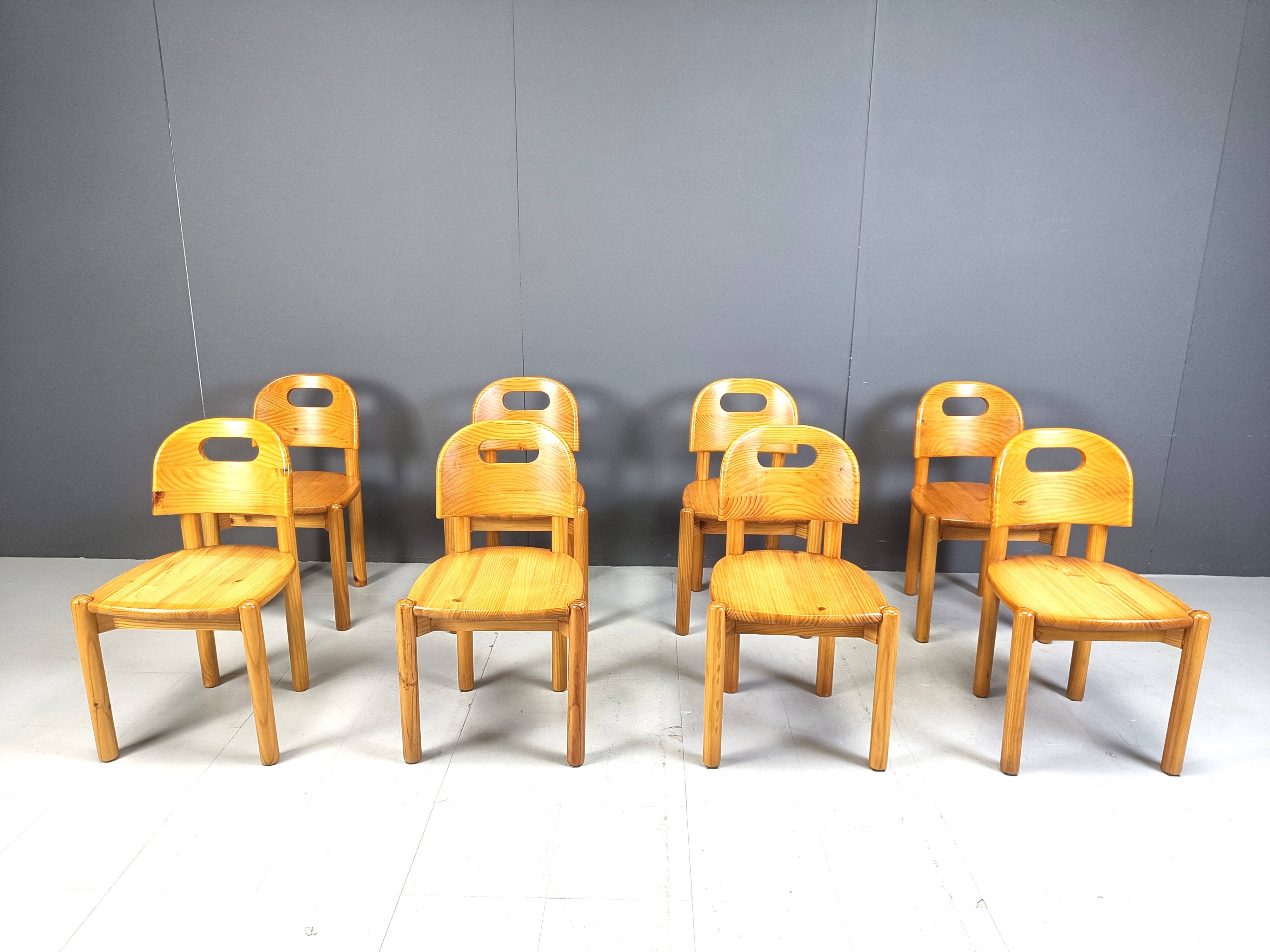 Vintage pine wood dining chairs - 1980s - set of 8