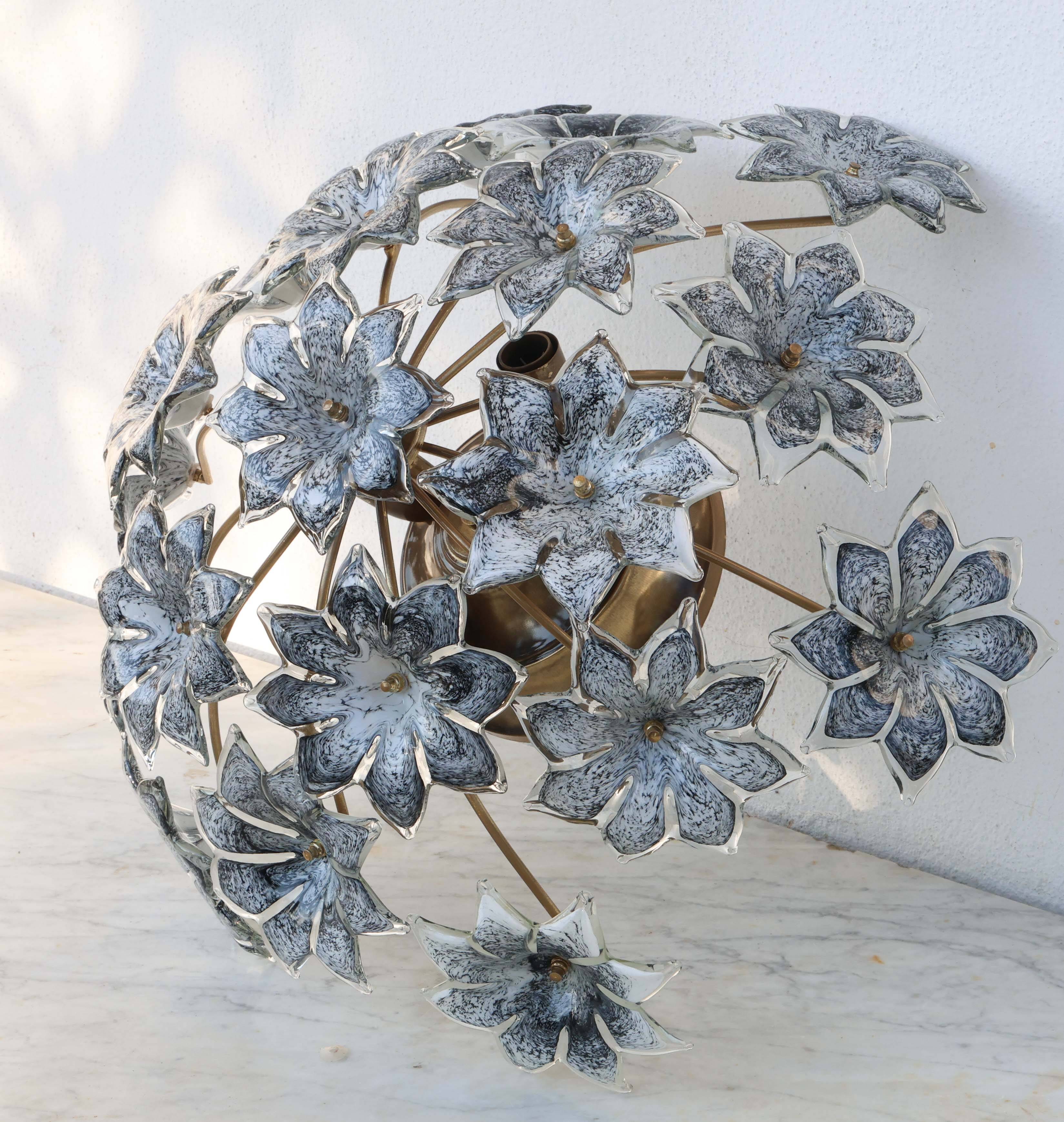 Large Murano Vintage Ceiling Light Black Flowers, 1970s