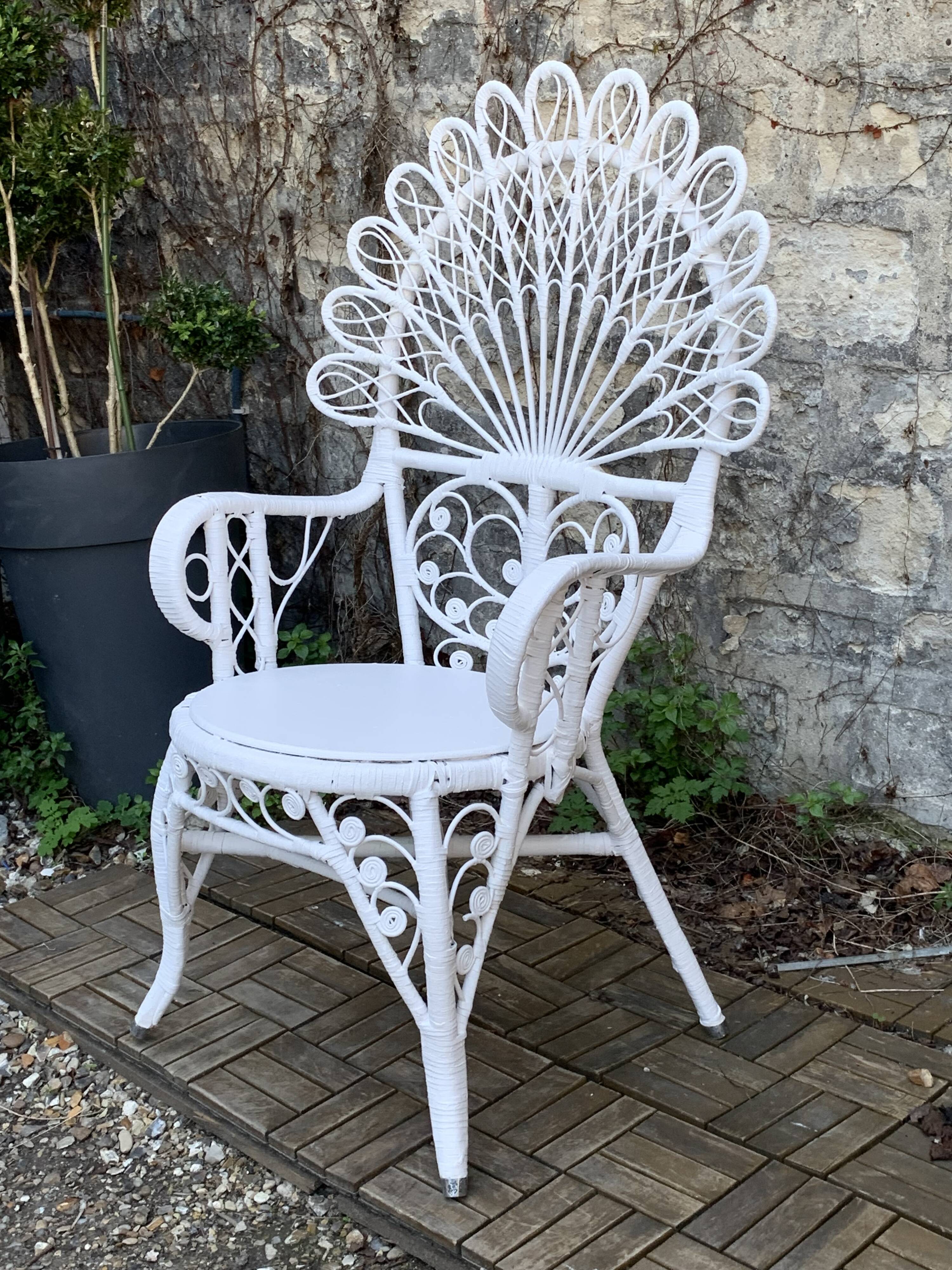 Peacock armchair and chair in white rattan, 1970