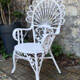 Peacock armchair and chair in white rattan, 1970