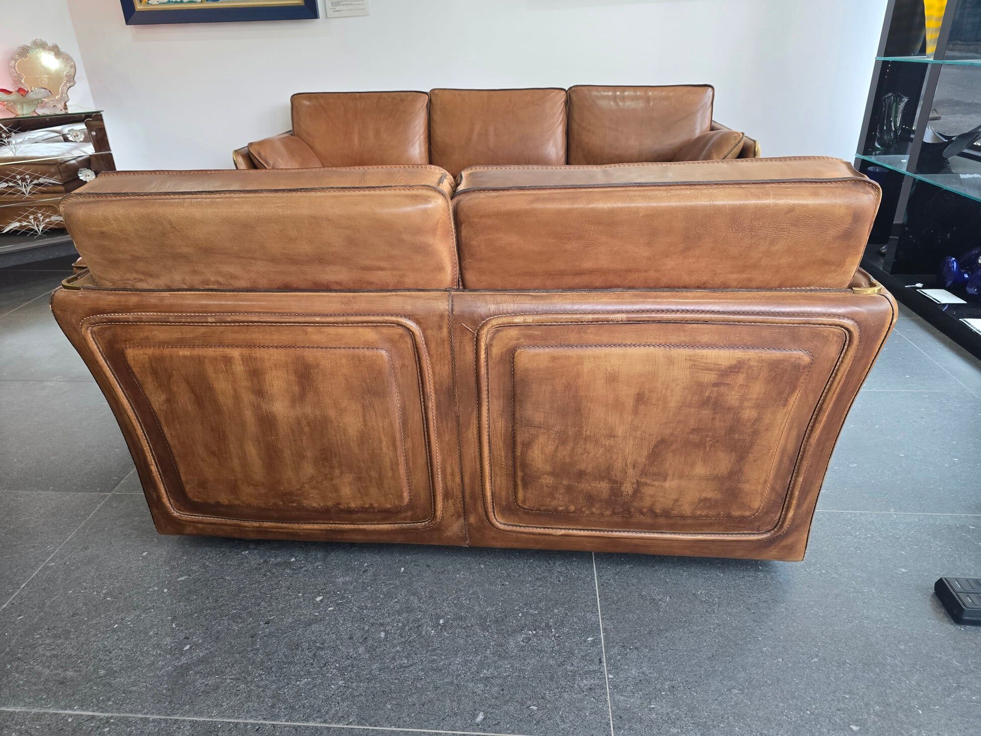 Roche Bobois vintage lounge from the 80s – cognac buffalo leather – 2 sofas + pouf