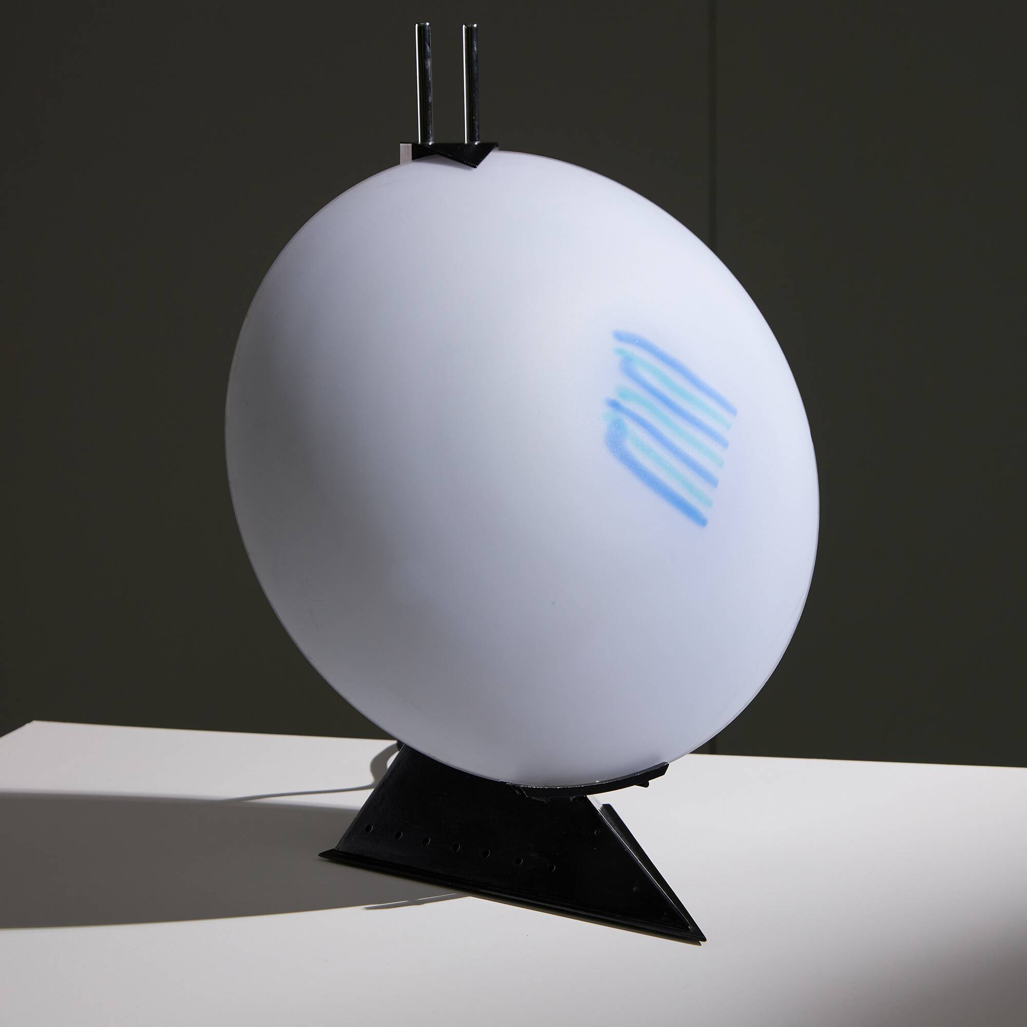 Postmodern Rhombus Shaped Table Lamp with Abstract Blue Stripes on Frosted Murano Glass