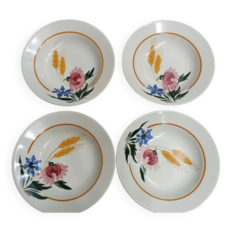 4 hollow plates or soup Sarreguemines, vintage model Cocorico. Pattern: ears of wheat and flowers