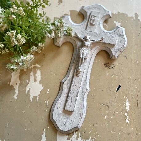 Wooden crucifix white patina aged effect