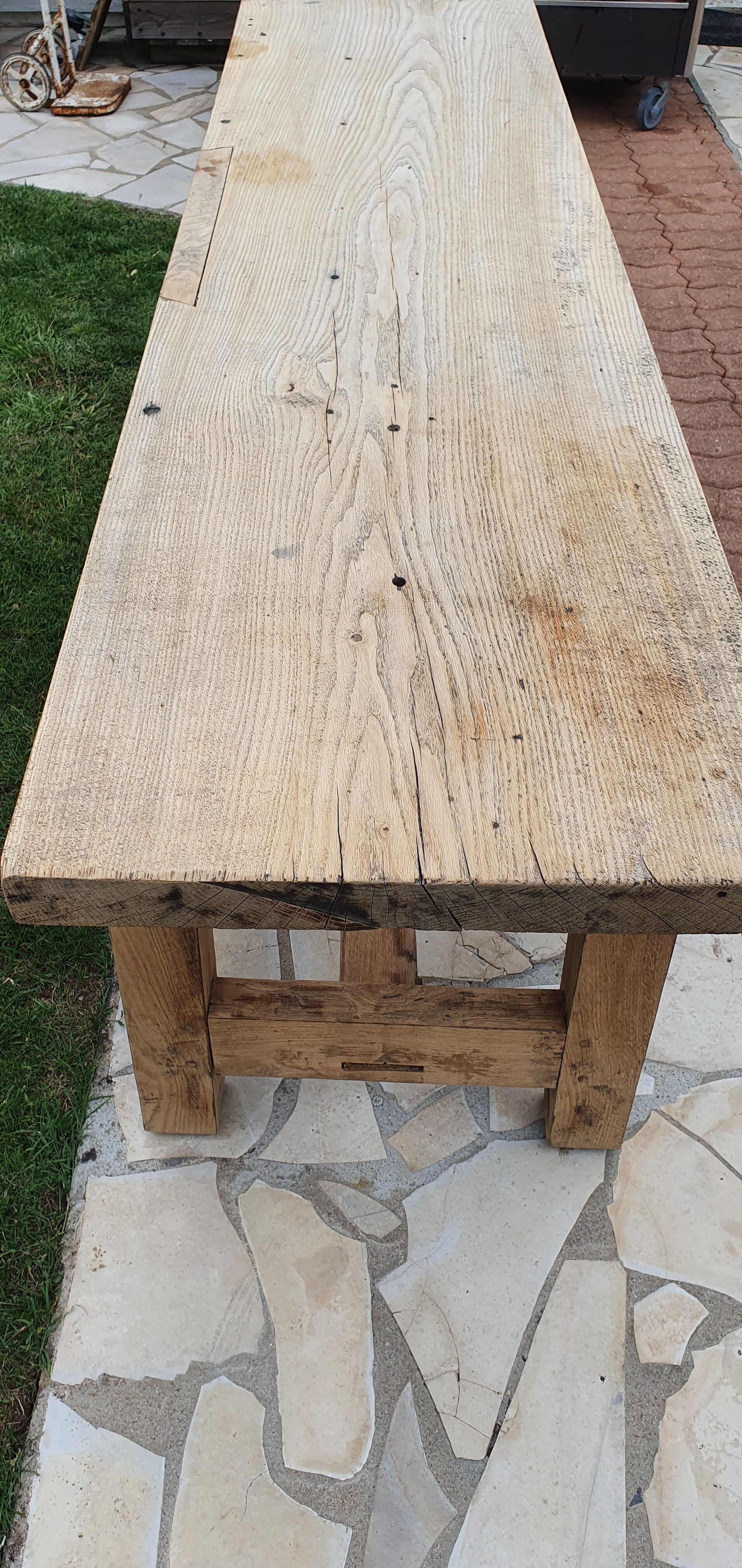 Loom table in solid oak 240 x 58 cm. 1920.