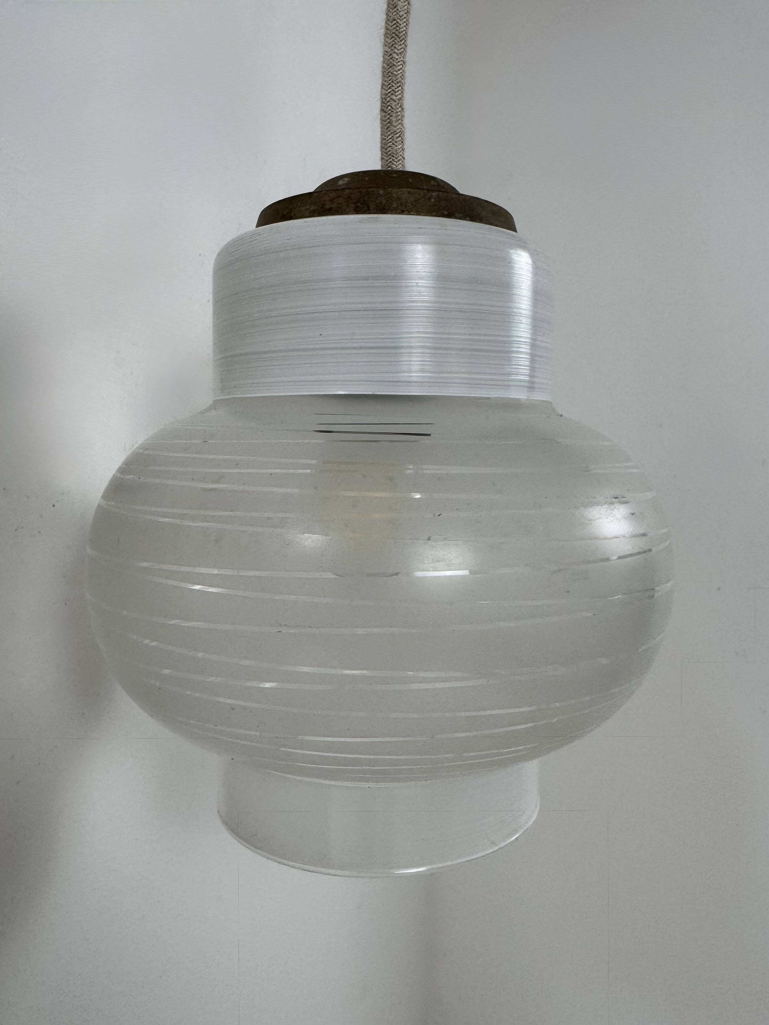 Pair of vintage pendant lights, blown white glass, France, 1970.