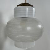 Pair of vintage pendant lights, blown white glass, France, 1970.