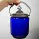 Antique biscuit jar/sweet jar, cobalt blue glass and silver-plated metal, early 20th century.