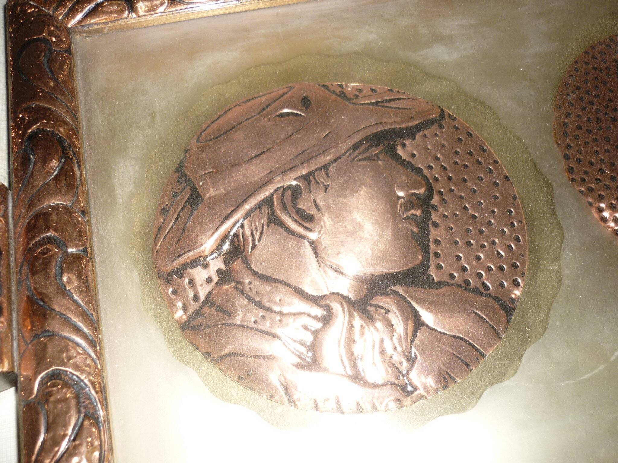 Serving tray in wood, copper and glazed 1950