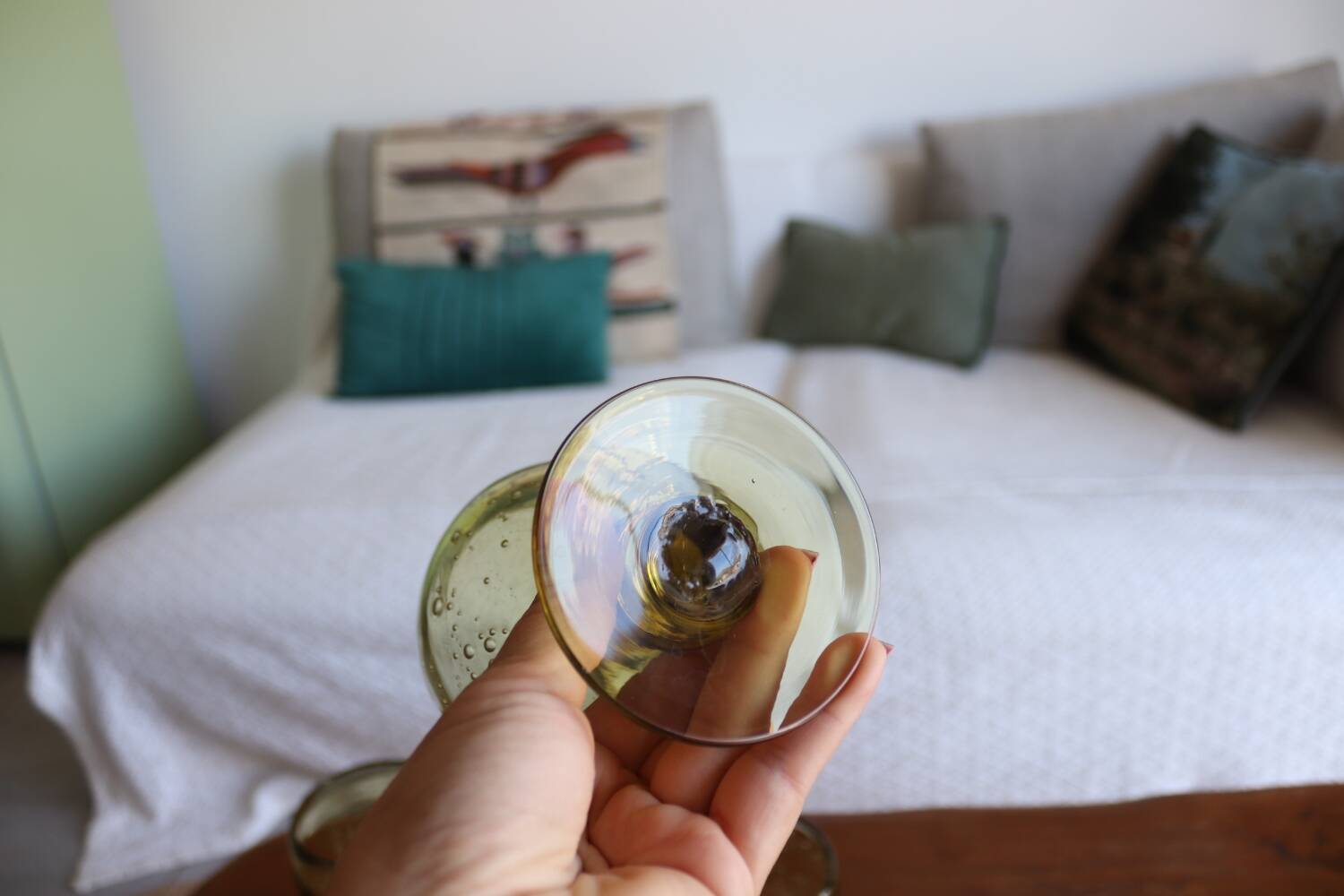 7 green biot stemmed glasses in bubbled glass