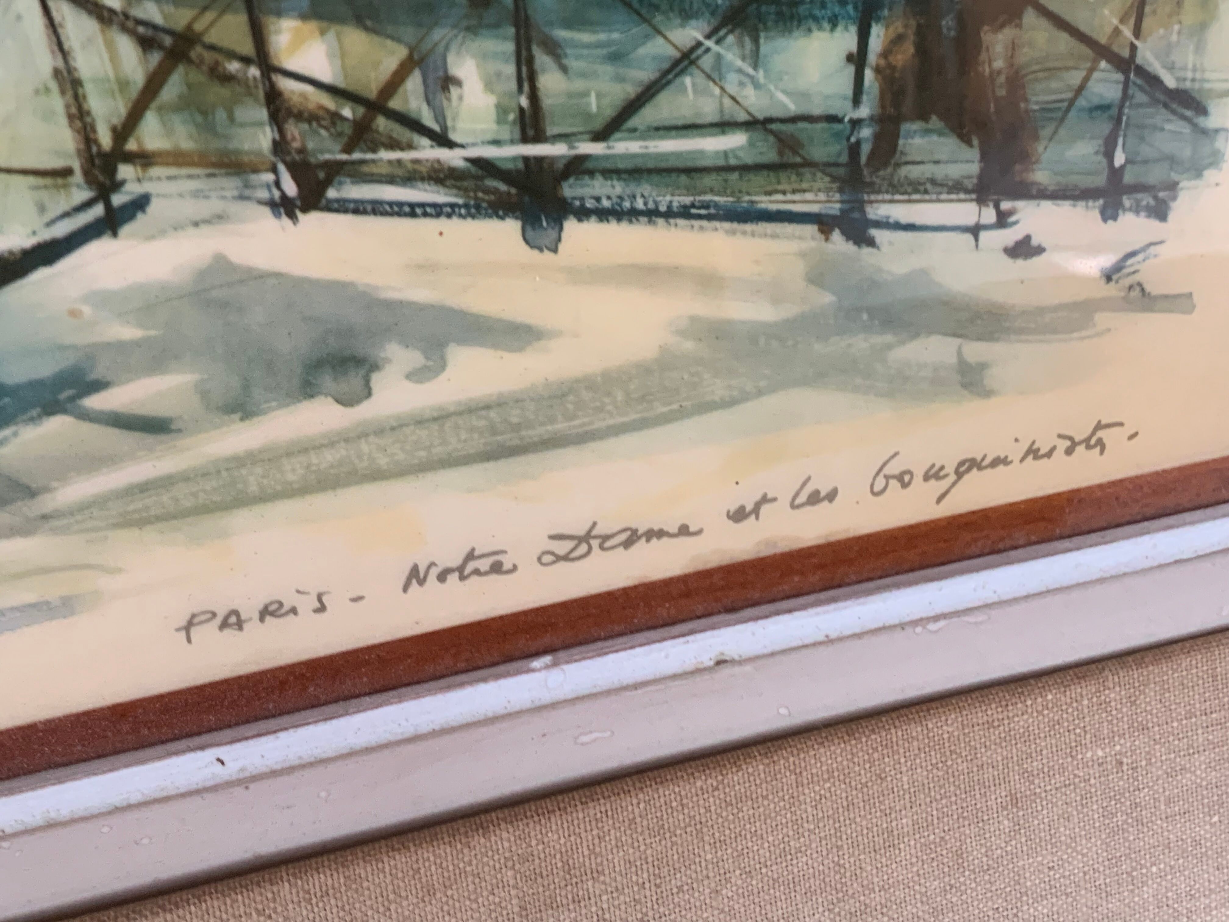 Lithograph notre dame et les bouquinistes signed by Marius Girard vintage