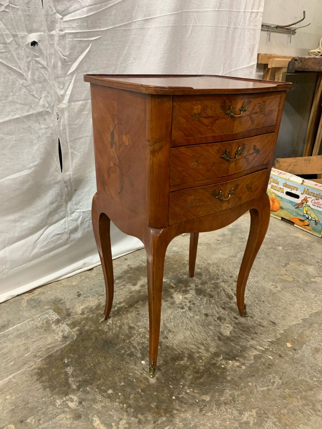 Louis XV style marquetry bedside table with floral flower