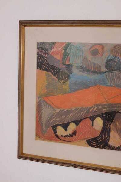 Original Swedish glazed pastel/oil on panel – abstract – glazed, vintage & framed – 86 × 66 cm (33.9" × 26.0")