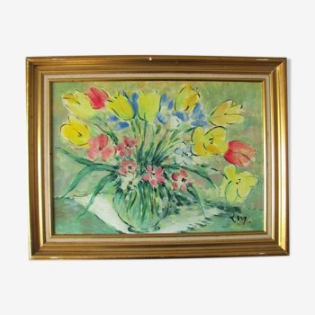Painting, yellow and red tulip bouquet, golden frame