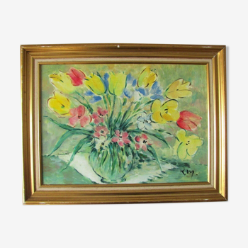 Tableau, bouquet de tulipes jaunes et rouges, cadre doré