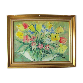 Tableau, bouquet de tulipes jaunes et rouges, cadre doré