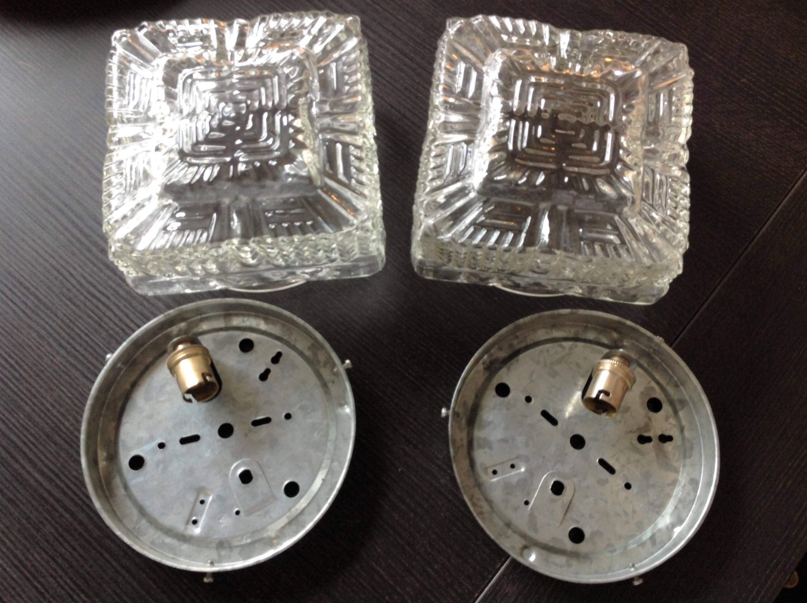 Paire de plafonniers carrés en verre structuré / vintage années 60-70