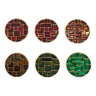 6 vintage cloisonné coasters in the style of mithé espelt, m. de crécy, ...