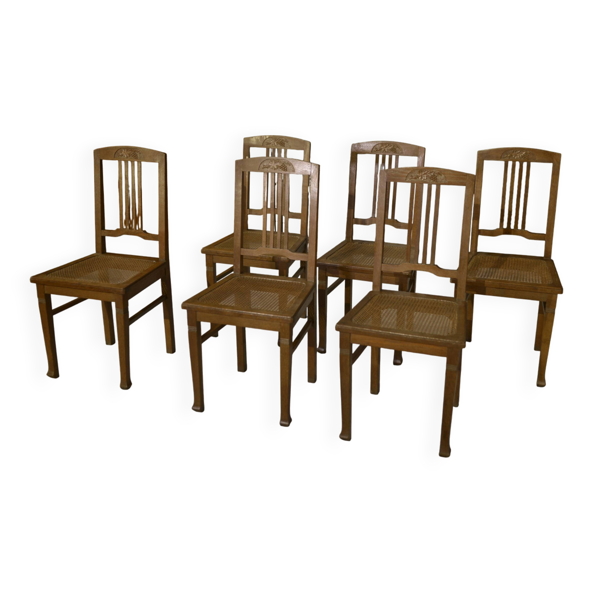 Set of 6 Art Deco oak cane chairs from the 1930s