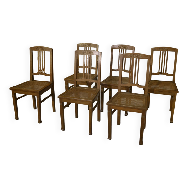 Lot de 6 chaises cannées en chêne Art déco 1930's