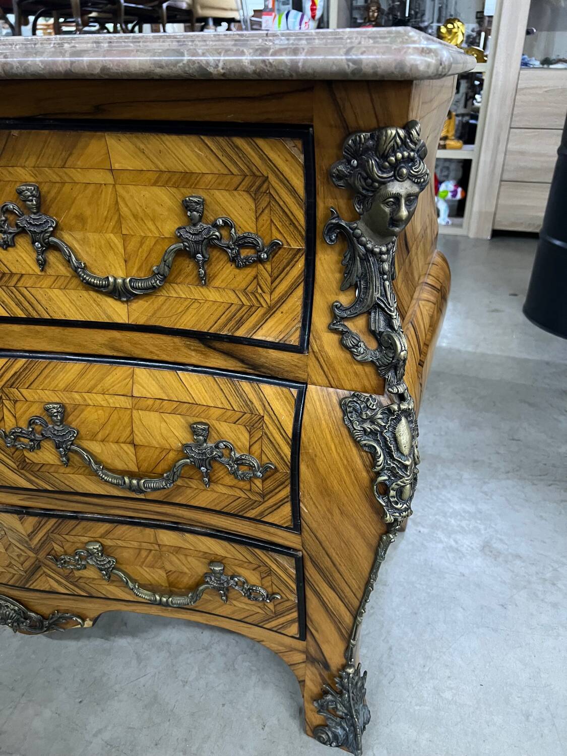 Louis XV style tomb chest of drawers in marquetry and marble