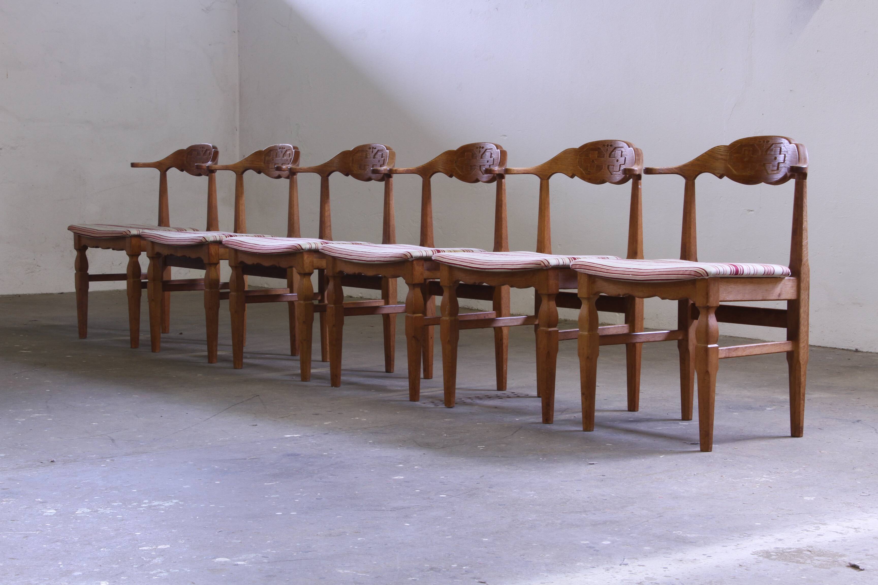 Vintage 60s set of 6 solid oak Danish design dining room chairs, Kjærnulf style