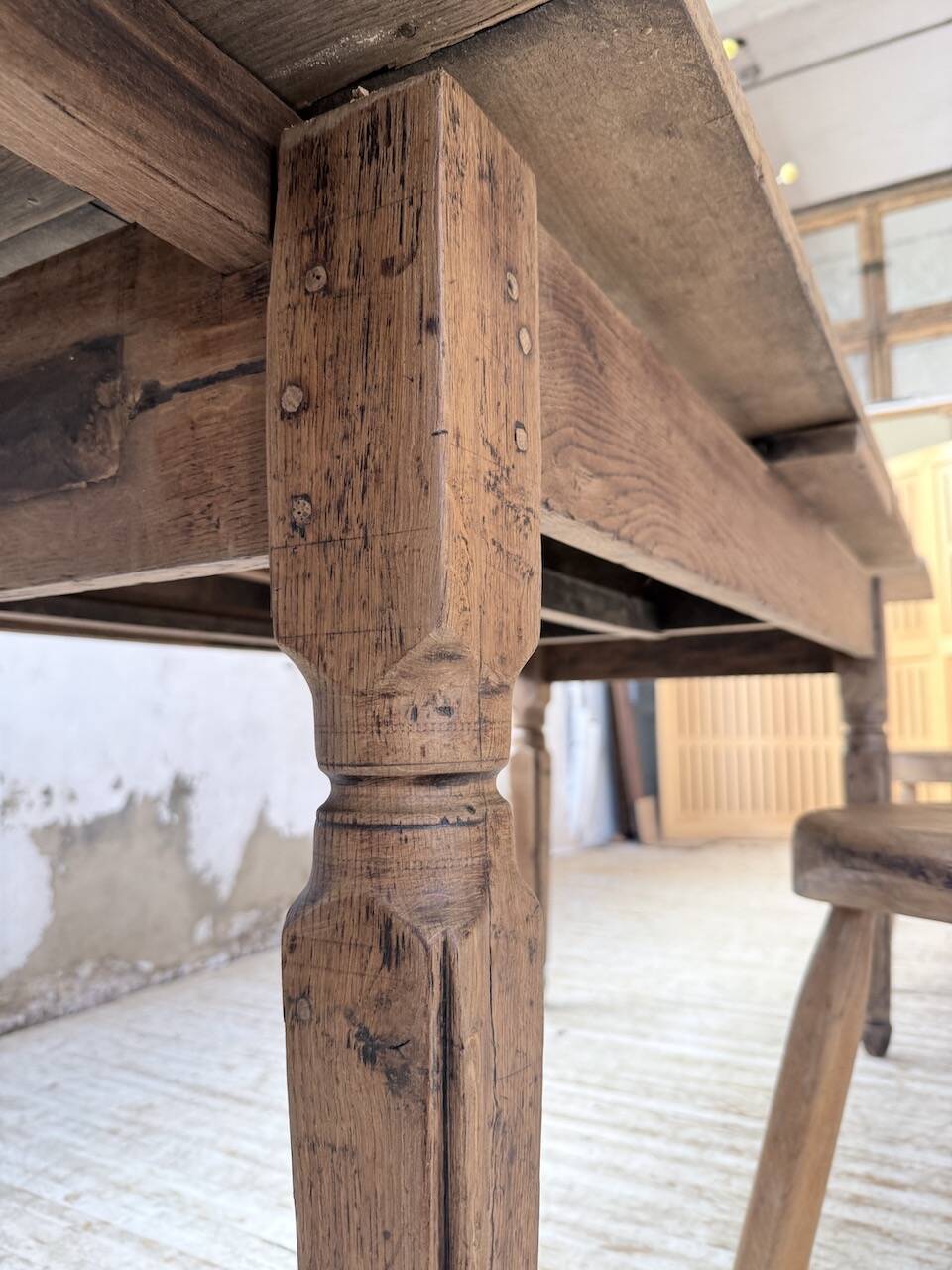 Solid oak farmhouse table with integrated extensions 1950