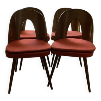 Set of 4 mid-century chairs in brown beech, red fabric seat — Antonín Šuman (1960s)