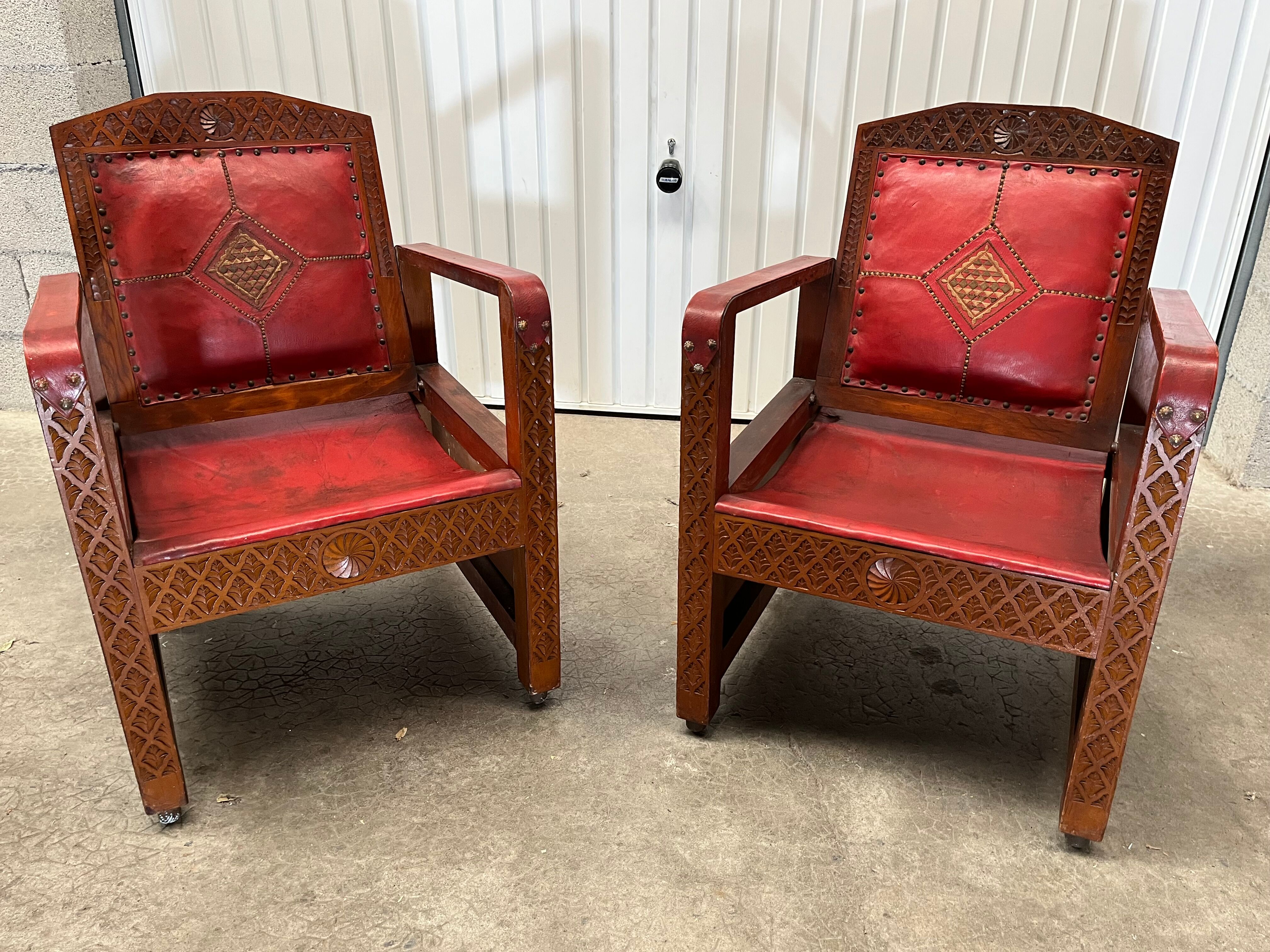 Pair of Moroccan leather armchairs from the 50s