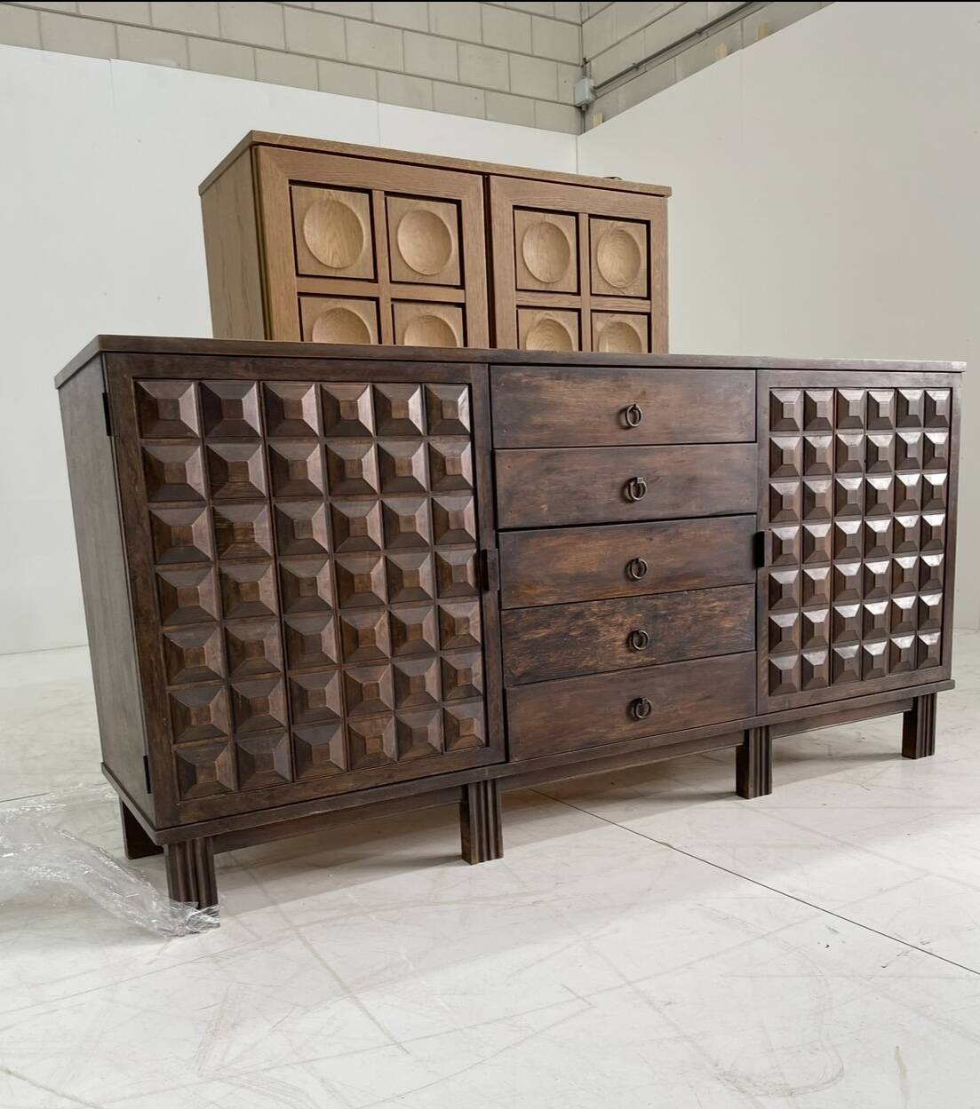 Brutalist Spanish carved sideboard credenza