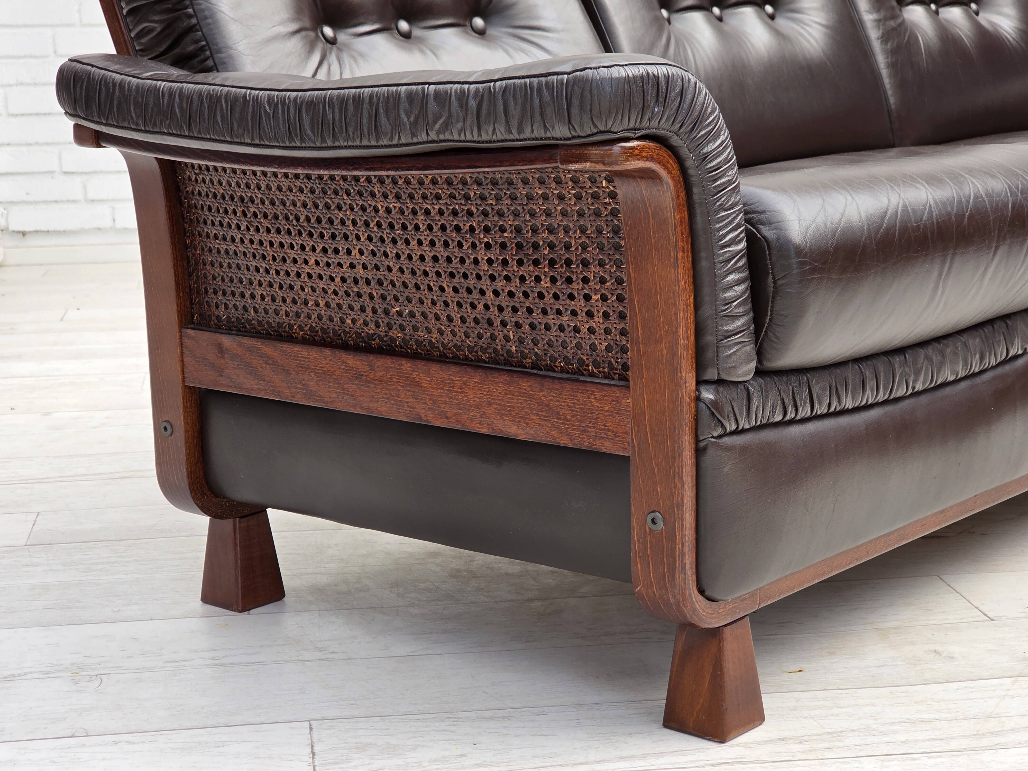 1970s, Scandinavian 3-seater sofa, furniture leather, teak wood legs.