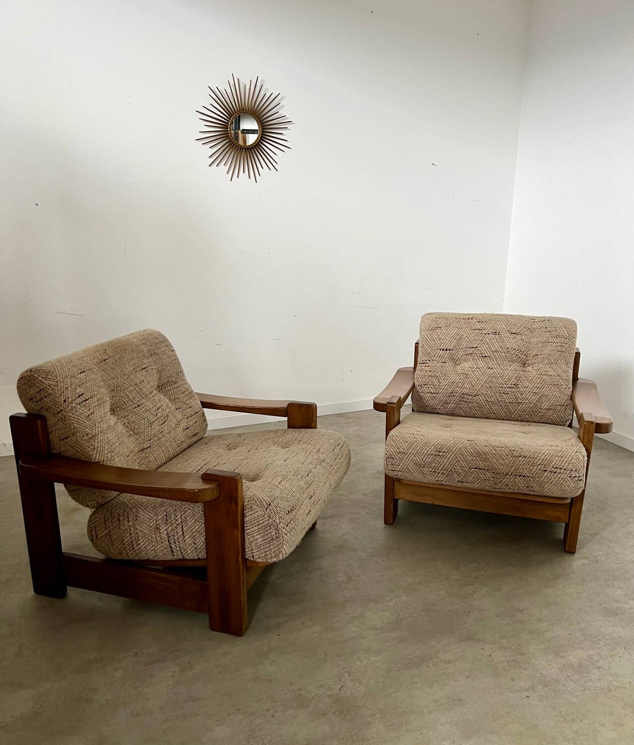 Lot of 2 solid elm armchairs, Maison Regain design, 70s vintage
