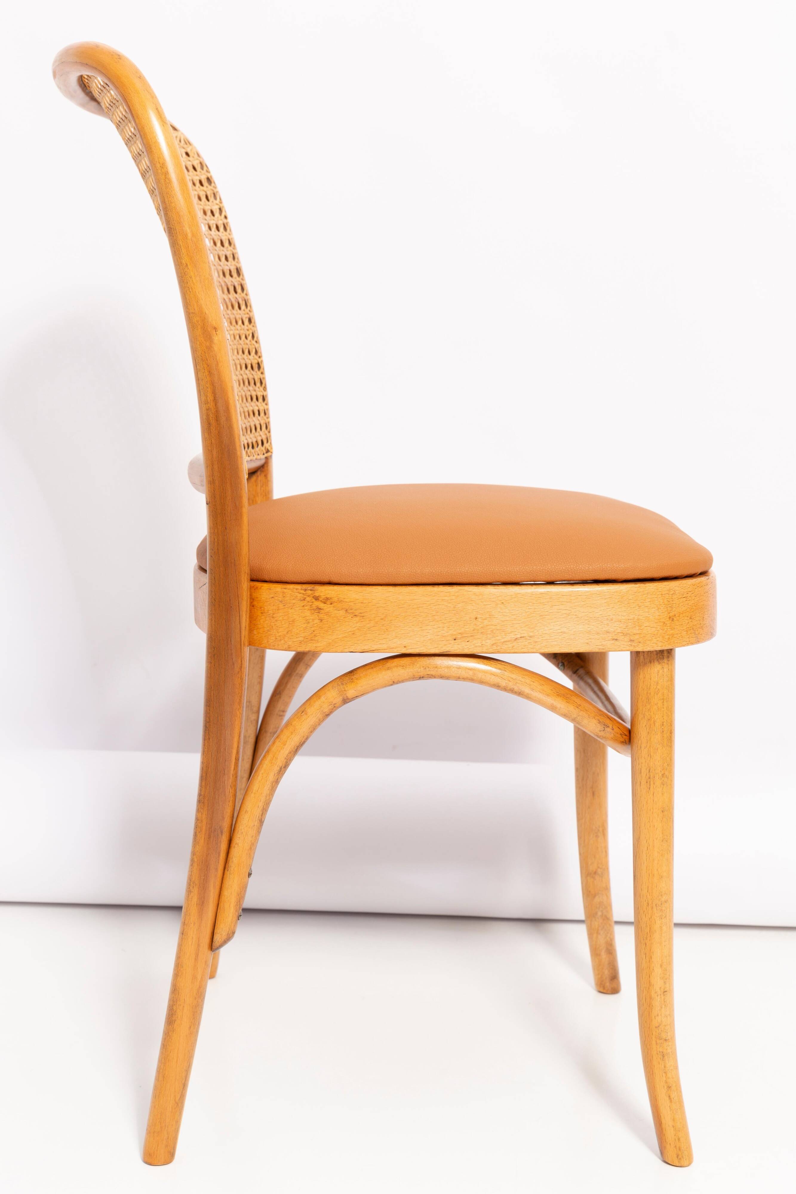 Thonet chair in rattan, camel faux leather and wood - 1960s