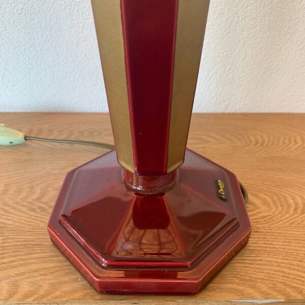 ▪️Lampe Vintage Le Dauphin Céramique Bordeau Et Or Et Abat Jour Nacre Art Deco