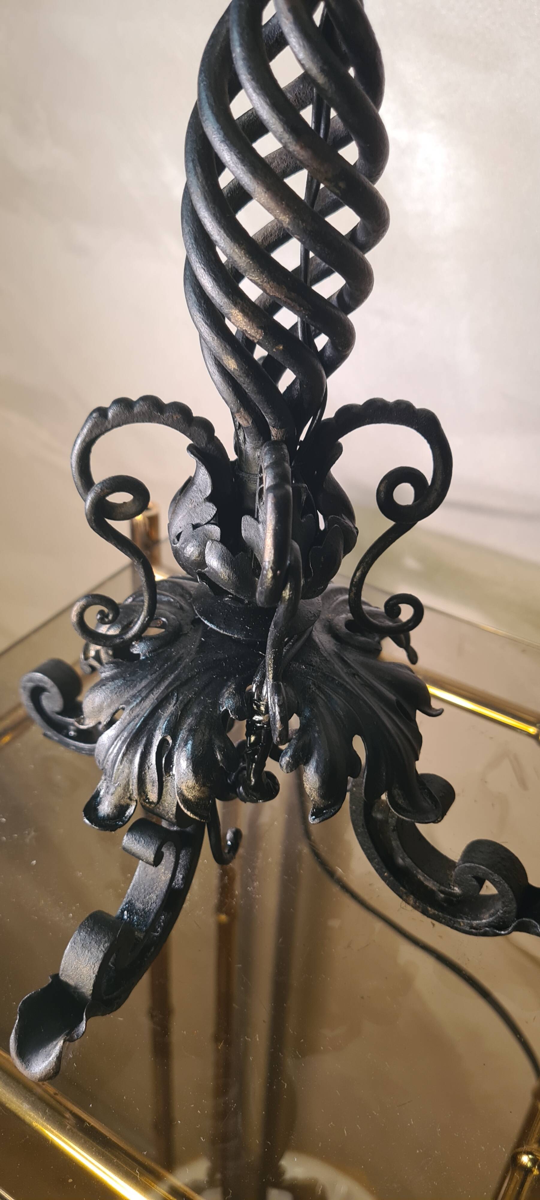 large wrought iron work lamp Andalusian style 1900 marbled opaline,,,, 49x25 magnificent and rare
