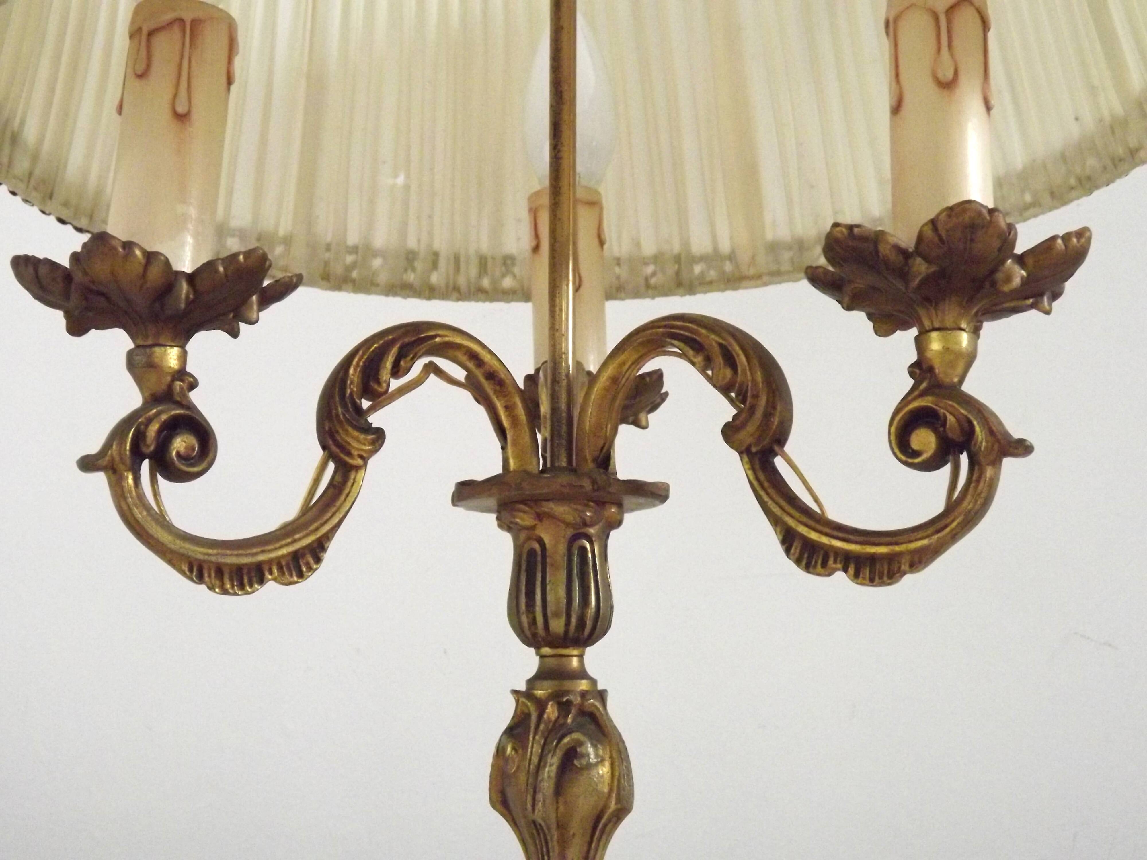 Bronze French Antique Art Nouveau 3-Light Candelabra Lamp Pleated Shade