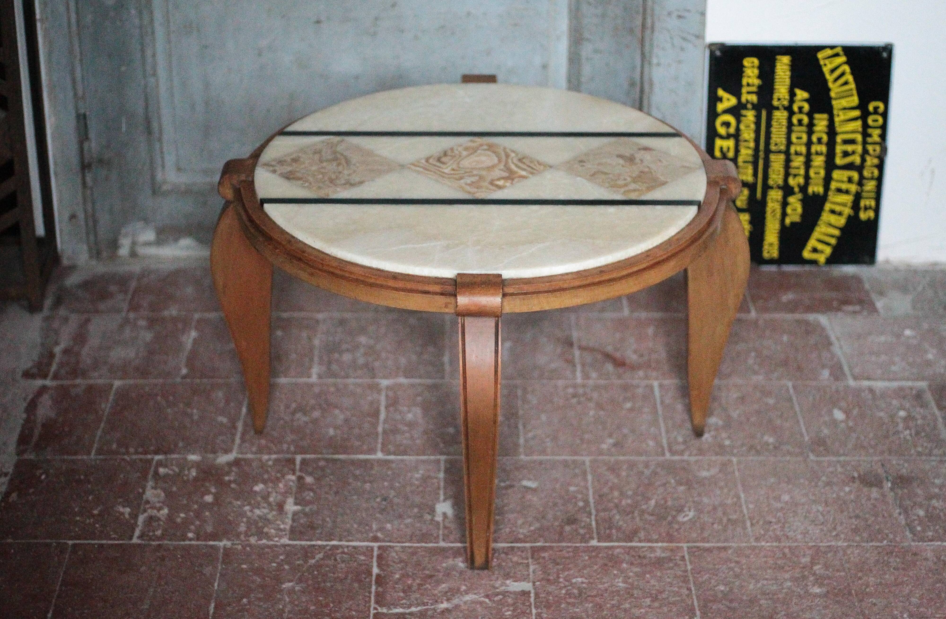 Art Deco wooden coffee table, marble top living room table, side table.